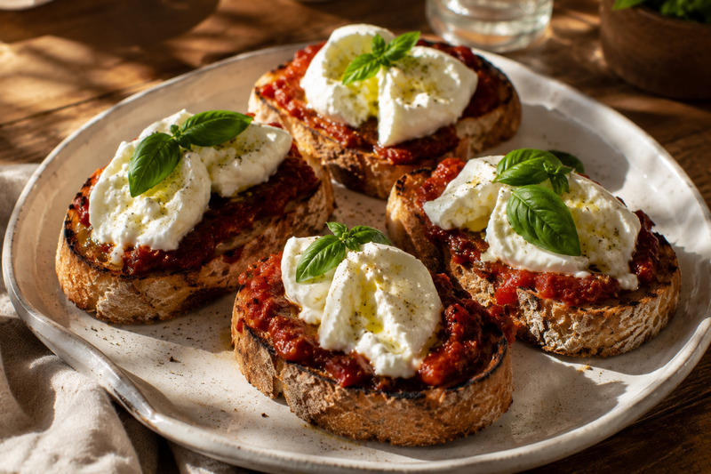 Μπρουσκέτες με Σάλτσα Ντομάτας, Burrata & Βασιλικό